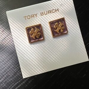 New Tory Burch Gold and Purple Logo Earrings